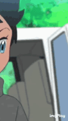a cartoon character is looking at a computer screen .