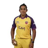 a woman wearing a yellow and purple shirt with kay beauty on the front