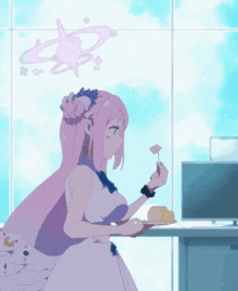a girl with pink hair is sitting at a table with a plate of food