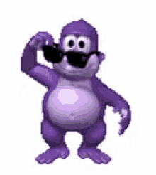 a purple monkey wearing sunglasses is dancing in a pixel art style .
