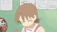a cartoon girl is talking on a cell phone in front of a wall with papers on it