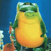 a cartoon frog with a big belly is standing in the water