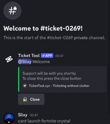 a screenshot of a discord channel that says welcome to #ticket-0269