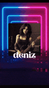a picture of a woman holding a guitar and the name deniz on the bottom