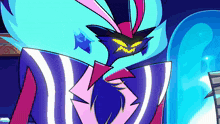 a cartoon character with a striped suit and tie has a yellow face