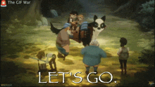 a cartoon of a man riding a dog with the words let 's go on the bottom
