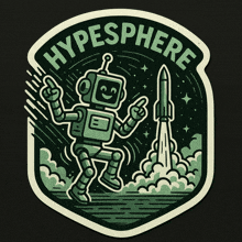 a sticker with a robot and the word hypesphere on it
