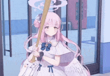 a pink haired anime girl is holding a baseball bat in her hand .