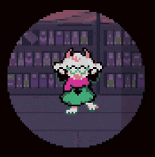 a pixel art of a cat standing in front of a building in a dark room .