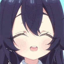 a close up of a cartoon girl with long black hair making a funny face .