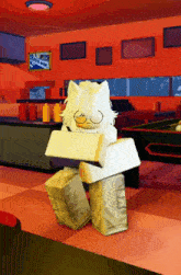a cartoon character in a diner holding a bag