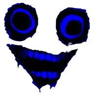 a drawing of a smiley face with blue eyes and teeth on a white background