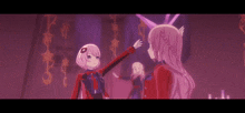 a group of anime girls standing next to each other in a dark room .