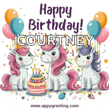 a birthday card for courtney with three unicorns holding balloons and a cake