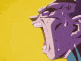 a close up of a cartoon character 's face with his mouth open and a yellow background .