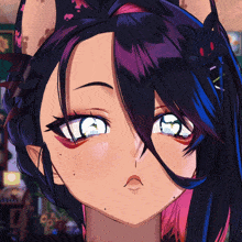 a close up of a girl 's face with a black bunny on her hair