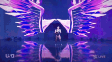 a wrestler is standing in front of a large screen with wings on it .