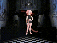 a girl is standing in front of a foxy in a video game .