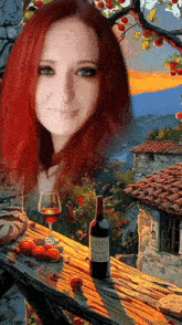 a woman with red hair is in a painting with a bottle of wine
