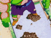 a cartoon character with green arms and purple shorts is standing on a concrete surface