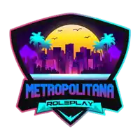 a logo for metropolitana roleplay with a cityscape in the background