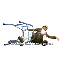 a cartoon of a man falling off a chair with the words i 've fallen and i can 't get up below
