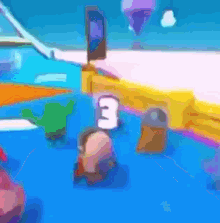 a cartoon scene with a number 3 on a blue surface