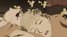 a cartoon drawing of a man sleeping with a group of devils on his head