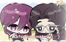 a couple of cartoon characters standing next to each other with the words kafsol soulmates written below them