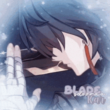 a close up of a person 's face with the words blade solo ama kar written on the bottom
