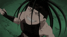 a close up of a cartoon character with long hair and a smile on his face .