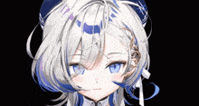 a close up of a anime character with white hair and blue eyes