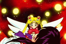 sailor moon is holding a little girl in her arms while flying through the air .