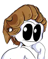 a cartoon drawing of a person with brown hair and big black eyes
