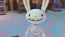 a cartoon rabbit is standing in front of a grocery store shelf with boxes of gorger toothpaste