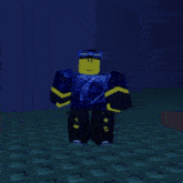 a roblox character wearing a blue shirt and goggles stands in a dark room