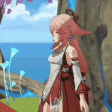 a girl with pink hair and a crown on her head stands in front of a body of water