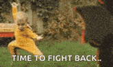 a baby in a yellow suit is fighting a cat in a yard .