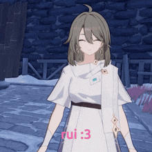 a girl in a white dress has the number 3 on her shoulder