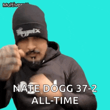 a man wearing a beanie and a hoodie is pointing at the camera .