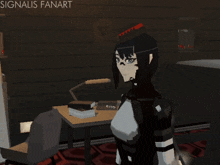 a pixel art drawing of a girl with the words signalis fanart written above her