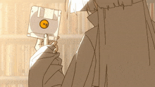 a drawing of a person holding a floppy disc that says pb on it