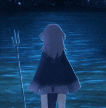 a girl with a trident stands in front of the ocean