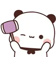 a cartoon panda bear is holding a hammer in his hand .