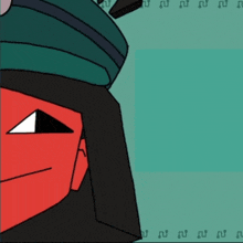 a close up of a cartoon character with a green hat on