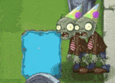 two zombies wearing party hats and ties are standing next to each other in a game .