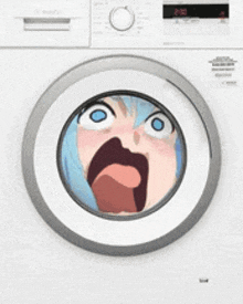 a washing machine with a picture of a girl screaming out of it