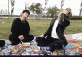 two men are sitting on a blanket in a park with korean writing on the blanket