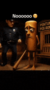 a police officer kneeling next to a sad wooden stick with a sign that says " pentung pos rond "