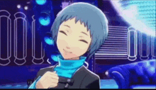 a boy with blue hair is smiling in a video game while wearing a blue sweater .